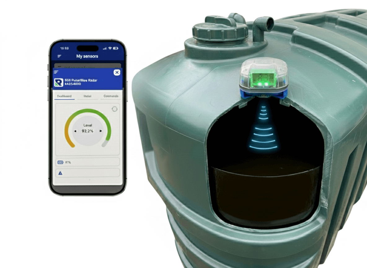 Wireless radar tank level sensor on a bunded oil tank with live level reading and configuration in the Rochester app