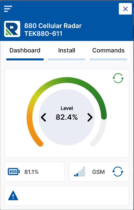 Rochester app live dashboard showing TEK 880 cellular radar tank level battery and signal