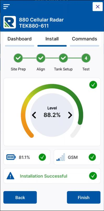 Rochester installer app showing guided TEK 880 install wizard with automatic self-test and Installation Successful result