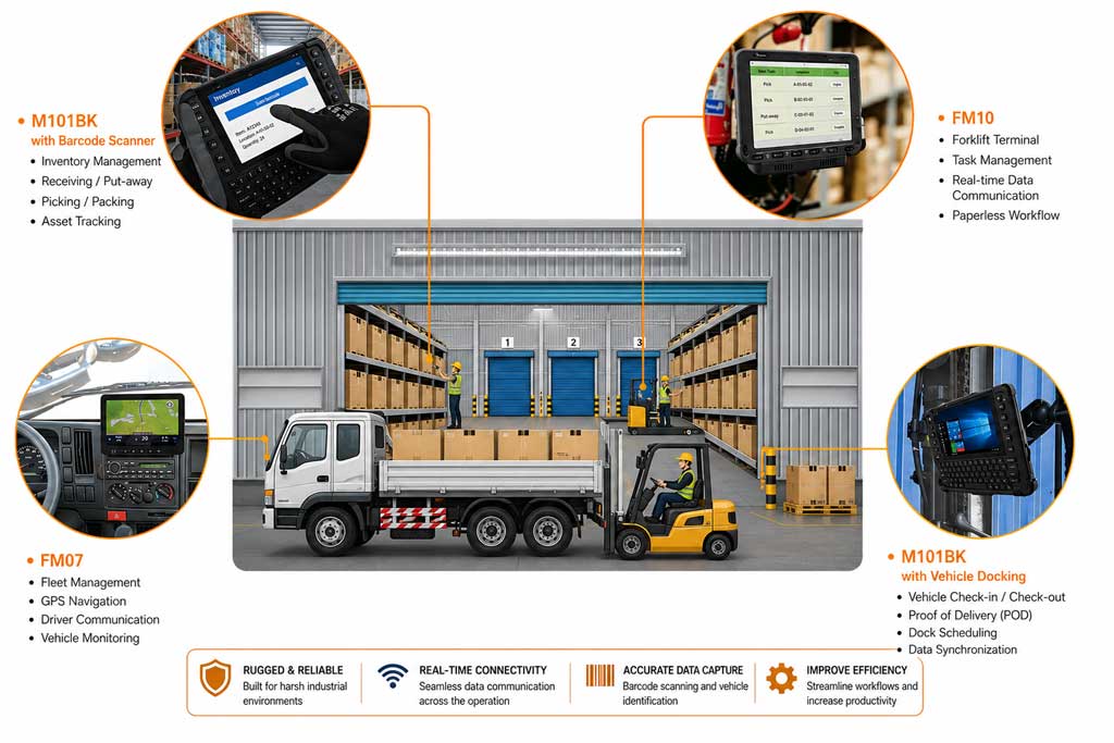 Winmate vehicle-mount computers and handhelds working in a warehouse